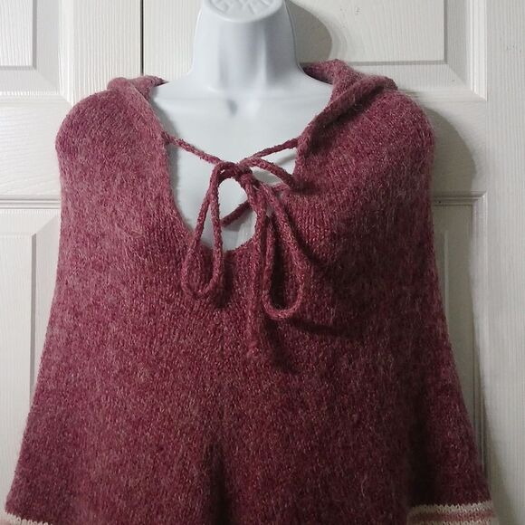 MAX STUDIO Mauve White Fringe Mohair Wool Acrylic Mix Hooded Poncho One Size - Picture 3 of 7